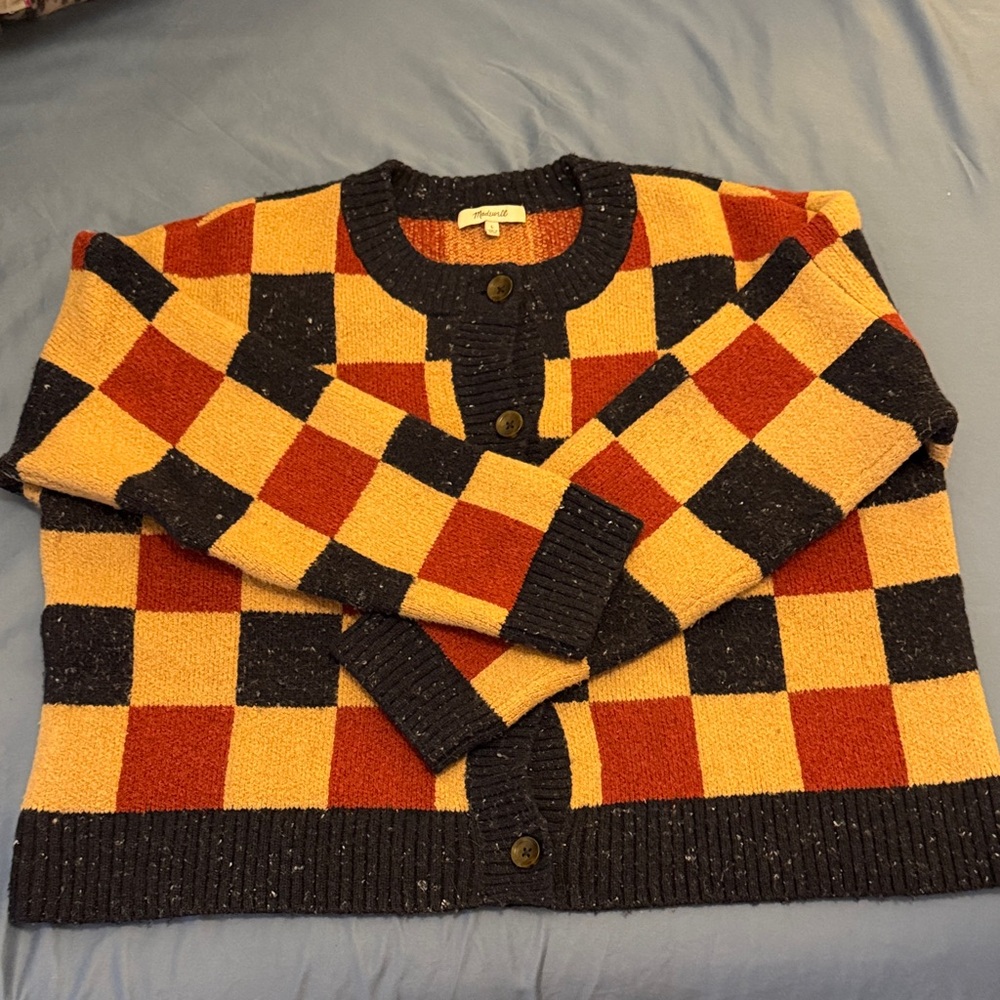 Madewell Checkered Knit Sweater - Navy, Red, & Tan